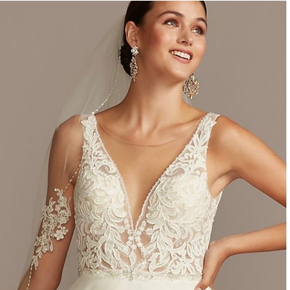 David’s Bridal Galina Signature Appliqué illusion chiffon style SWF8482